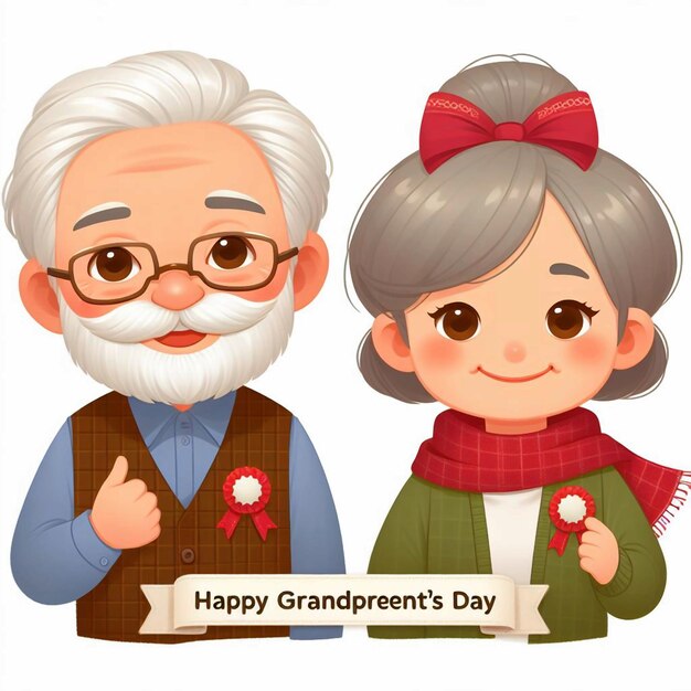 한 노인과 한 여성이 '행복한 할아버지와 할머니의 날'이라는 카드 앞에 서 있습니다.