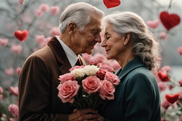 old man and woman in happy Valentines Day love flower in hand Ai image