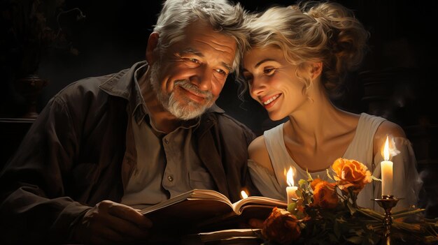 Photo old man and woman with a book in the night