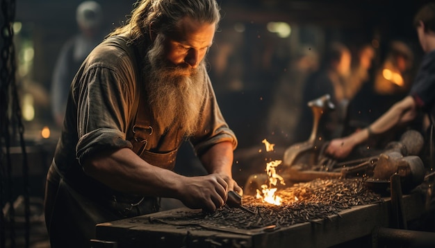 Foto un vecchio che lavora con il fuoco