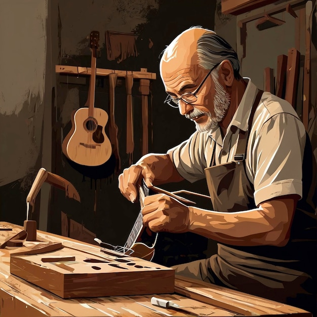 an old man working with a hammer and a guitar