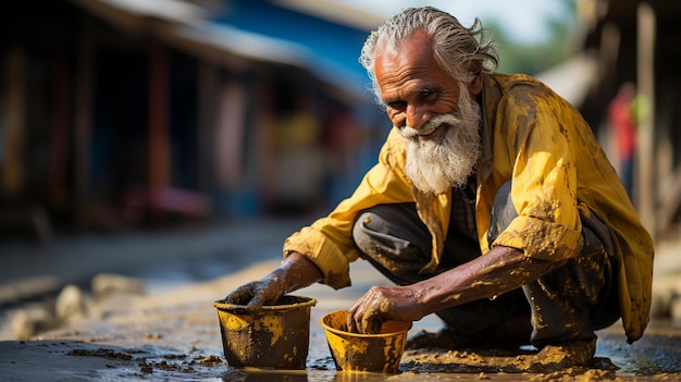 old man in yellow dress with a brush