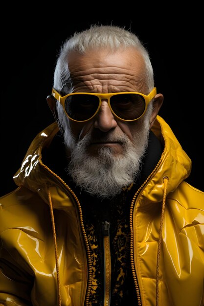 An old man in a yellow jacket wearing sunglasses on a black background