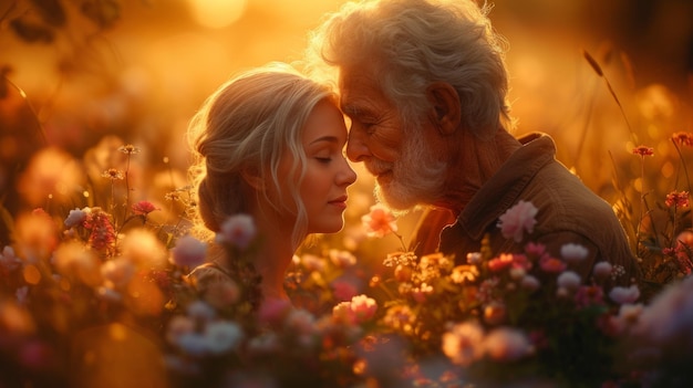 An old man and a young woman standing in a field of flowers with their heads touching