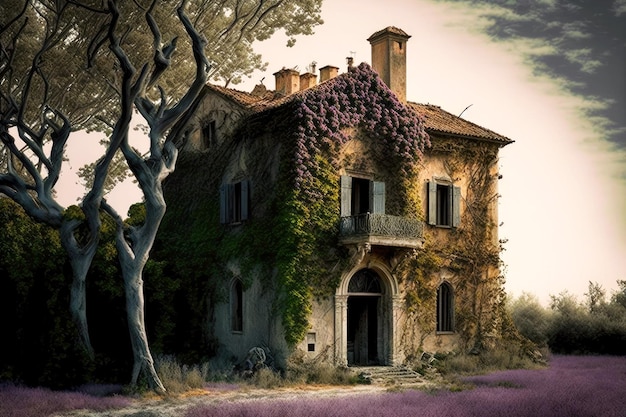 Old manor entwined with ivy in beaful lavanda field