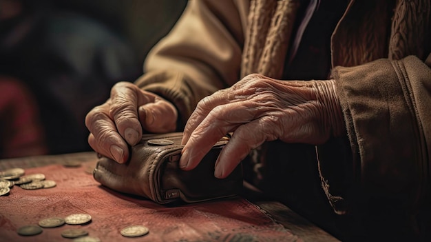 old mans hands with a purse with money created with ai