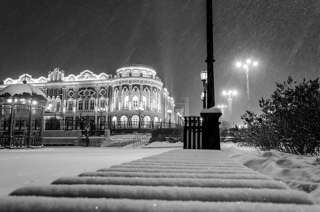 An old mansion at night in winter.