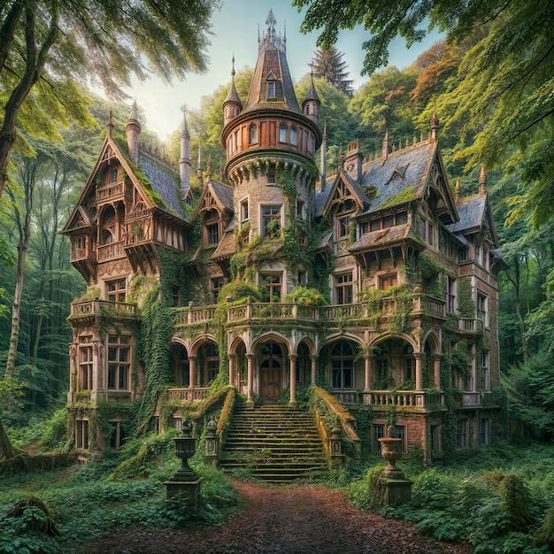 An old mansion overgrown with ivy and moss set in a dense forest