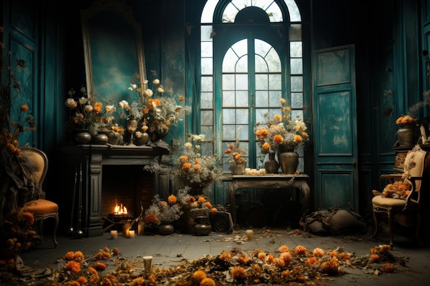 old mansion room decorated with flowers