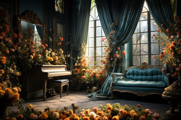 old mansion room decorated with flowers