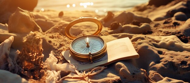 Foto vecchia carta mappa con una bussola sulla spiaggia immagine generata dall'ai