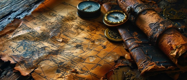 Photo an old map with a compass and a pocket watch