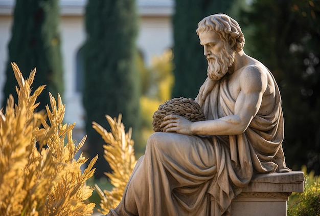 Old marble statue man with sheafs of wheat in the park