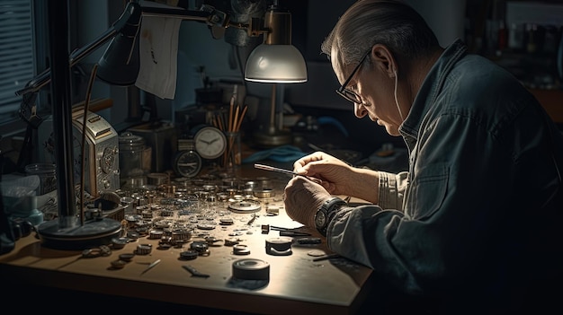 Old master watchmaker repairing a watch with loose parts on the board