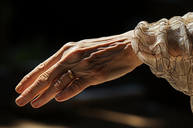 Old matron navigating with aid a close up of an experienced hand