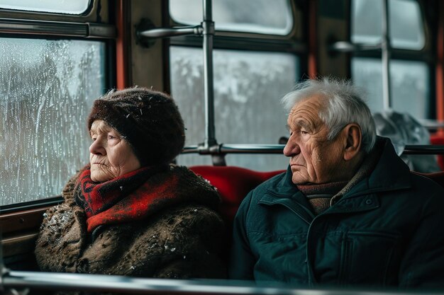 Old mature couple in train by side of the window