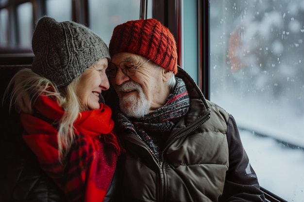 Old mature couple in train by side of the window