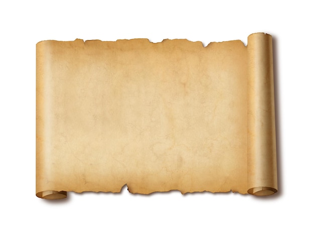 Old mediaeval paper sheet. Horizontal parchment scroll isolated on white background with shadow