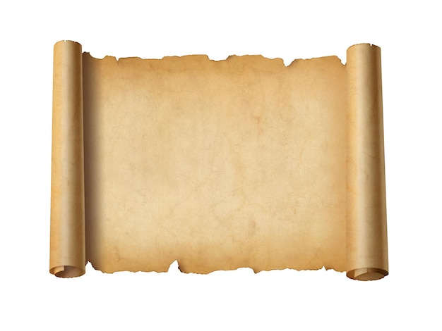 Old mediaeval paper sheet Horizontal parchment scroll isolated on white background