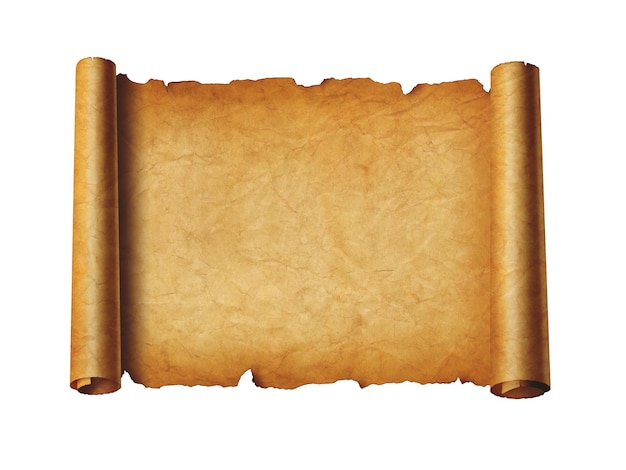 Старый средневековый лист бумаги Горизонтальный пергаментный свиток на белом фоне