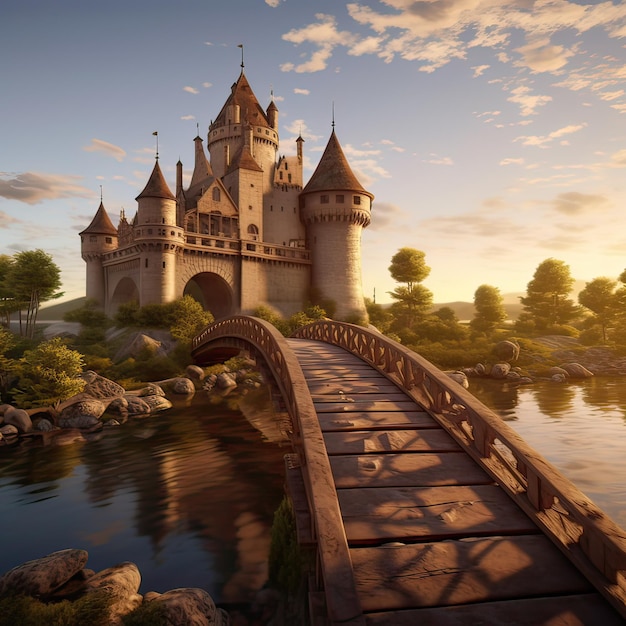 Старый средневековый замок на острове и ведущий мост. Генеративная иллюстрация ИИ.