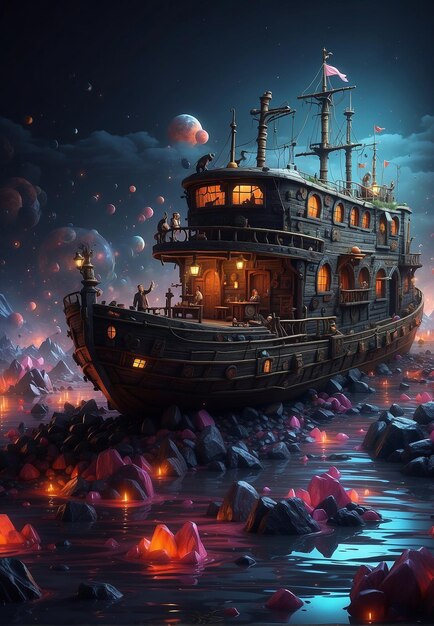 An old medieval ship run aground against a planetary sky a fantasy world