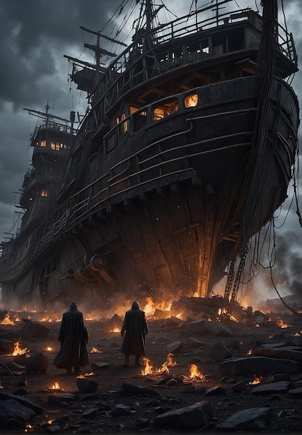 Old medieval ship run aground flames all around two men in cloaks looking at the corabole