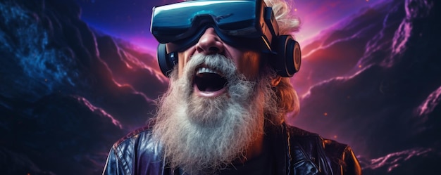 Old men in futuristic VR googles is exploring world with feeling like in space banner Generative Ai