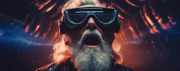 Old men in futuristic VR googles is exploring world with feeling like in space banner Generative Ai