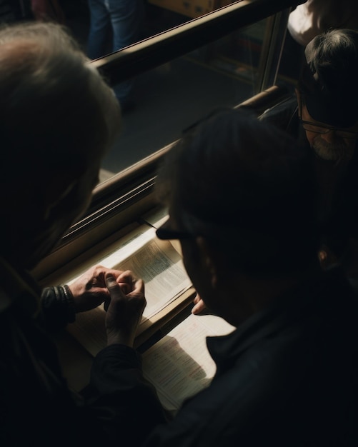 Old men reading a newspaper under dim lighting inside a venue