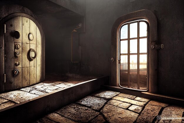 Old metal door with porthole rusty submarine or bunker closes\
and opens entrance dark walls and floors 3d illustration