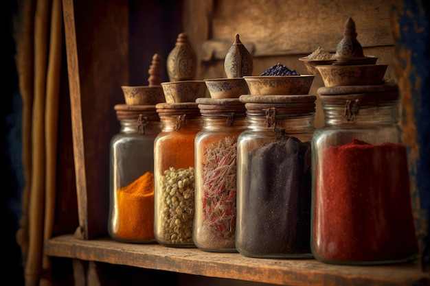 Old middle eastern market spices in jars on wooden shelf