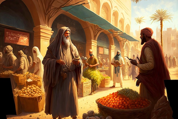 Photo old middle eastern market traders with goods and harvest