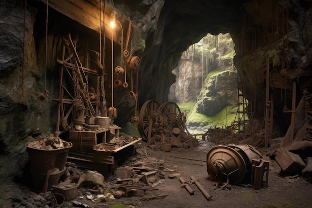 Old mining tools scattered near a tunnel created with generative ai
