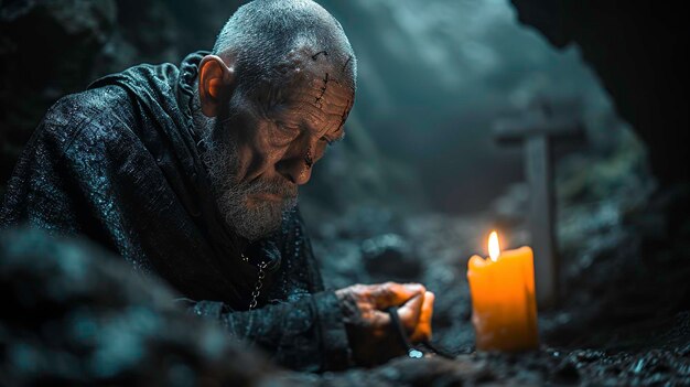 Photo an old monk prays in a cave