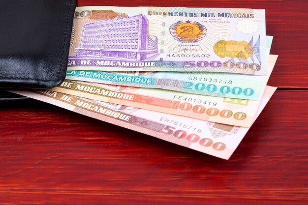 Старые мозамбикские деньги в черном кошельке