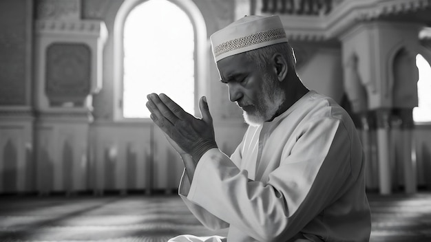 Old muslim man praying in the mosque near the window