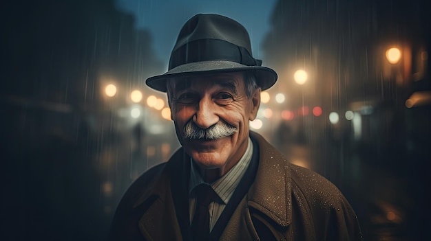 Old mustachioed man portrait wearing brim hat and coat on night street lights at overcast weather attractive elderly male private detective outdoor street portrait of old gentleman generative ai