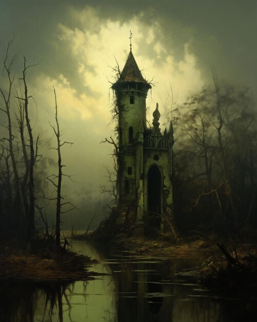 Photo old mystic sorcerer medievial tower in swamp roleplay and fantasy