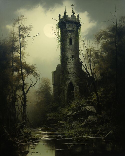 Old mystic sorcerer medievial tower in swamp roleplay and fantasy