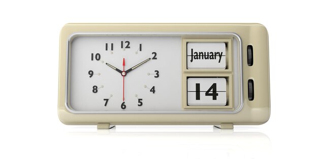 Foto vecchio capodanno 14 gennaio su una sveglia isolata su sfondo bianco illustrazione 3d