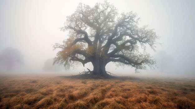 Old oak tree in foggy morning Panoramic image Generative AI