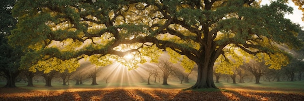 old oak tree foliage in morning light with sunlight