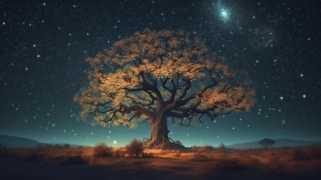 Old oak tree in the night skygenerative ai