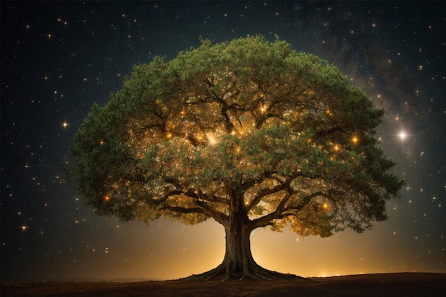 Old oak tree in the night starry sky 3d rendering