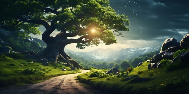 Old oak tree on the road in the mountains at sunset 3d rendering