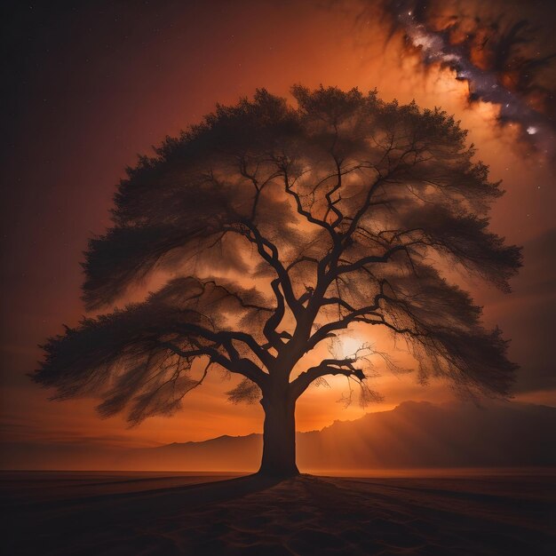 Photo old oak tree at sunset halloween concept generative ai