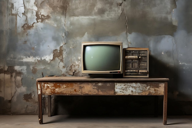 Old and Obsolete Computer on Old Wood Table with Concrete Wall Background AI