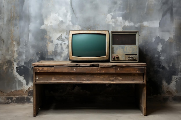 Old and Obsolete Computer on Old Wood Table with Concrete Wall Background AI