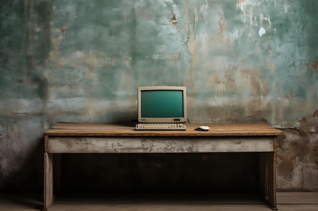 Old and Obsolete Computer on Old Wood Table with Concrete Wall Background AI